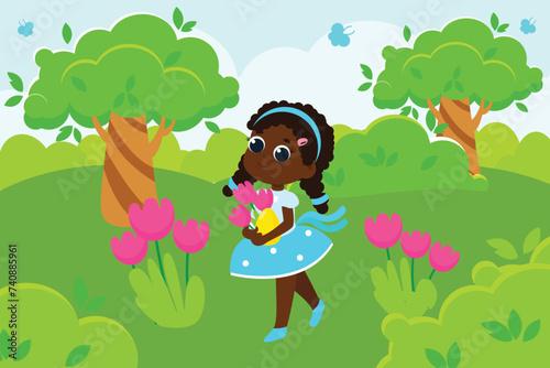 The girl stands in the middle of the meadow and holds flowers in her hands. Illustration in cartoon style.