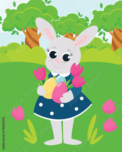 The Girl Easter Bunny in the dress holds decorative eggs and tulips in paws.