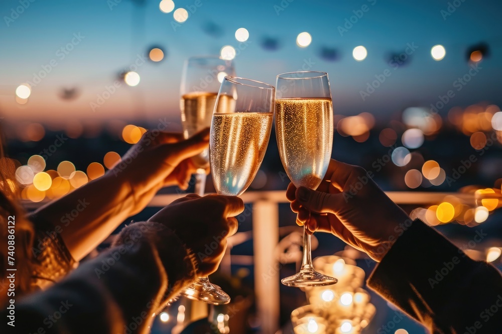 A group of people joyfully toasting with glasses of champagne to celebrate a special occasion, Friends toasting champagne glasses on the rooftop under the night sky, AI Generated - obrazy, fototapety, plakaty 