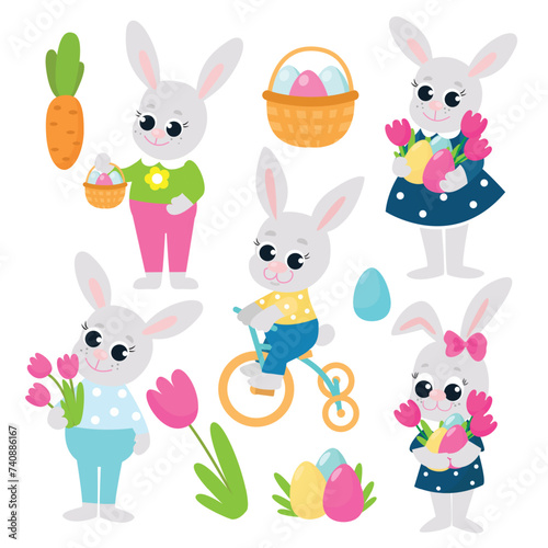 Easter set. Easter bunnies, boys and girls, hold flowers and decorative eggs. The animals are dressed in clothes and smiling happily.
