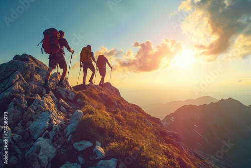 A diverse group of individuals embarking on a challenging hike as they ascend the steep slopes of a mountain, Friends showing strength and resolution during a challenging mountain hike, AI Generated