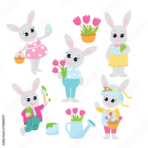 Easter set. Easter bunnies boys and girls with flowers and decorative eggs. The animals are dressed up, coloring eggs and smiling happily.