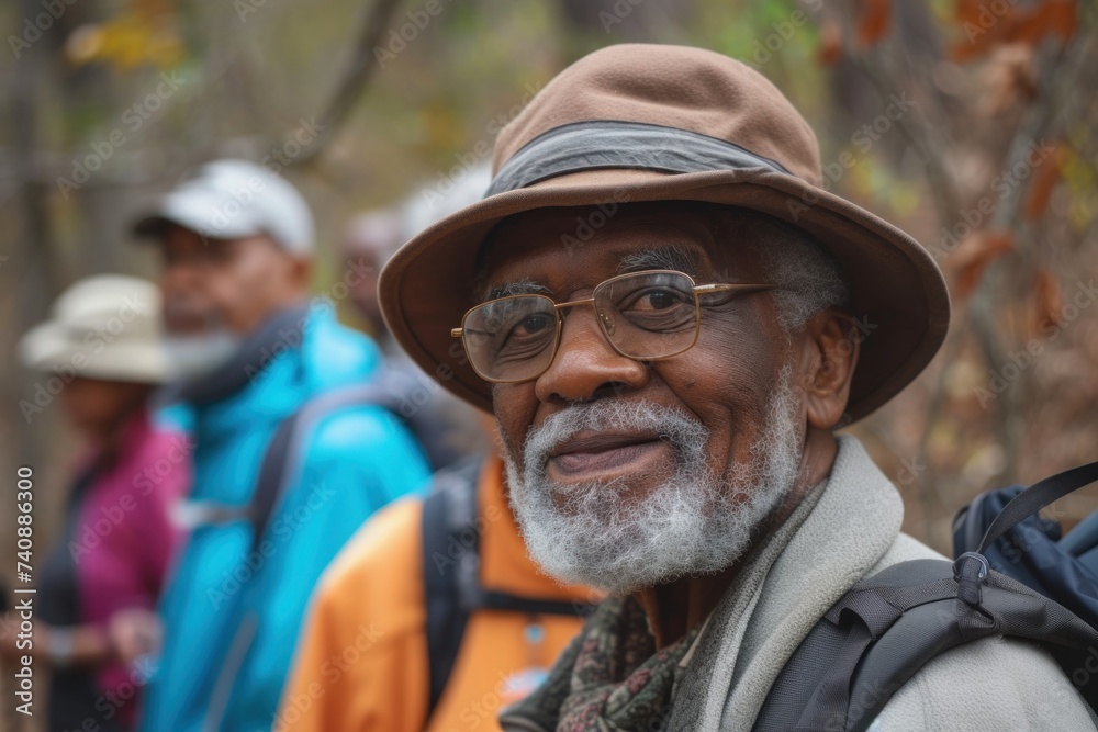 Portrait of a smiling elderly African American man with a hat and glasses, surrounded by friends on a hike, embodying joy and active senior life.