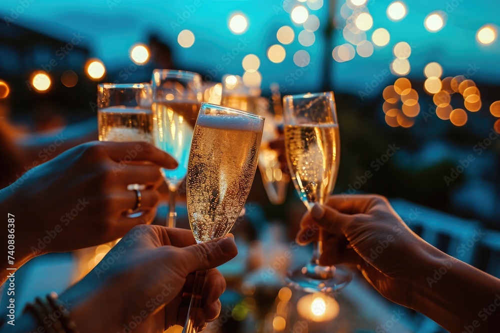 A lively gathering of individuals raising their champagne glasses in a cheerful toast, Friends toasting champagne glasses on the rooftop under the night sky, AI Generated