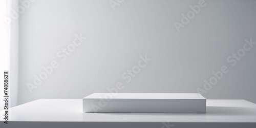 Abstract white stand for product presentation on white background, empty room with shadows.