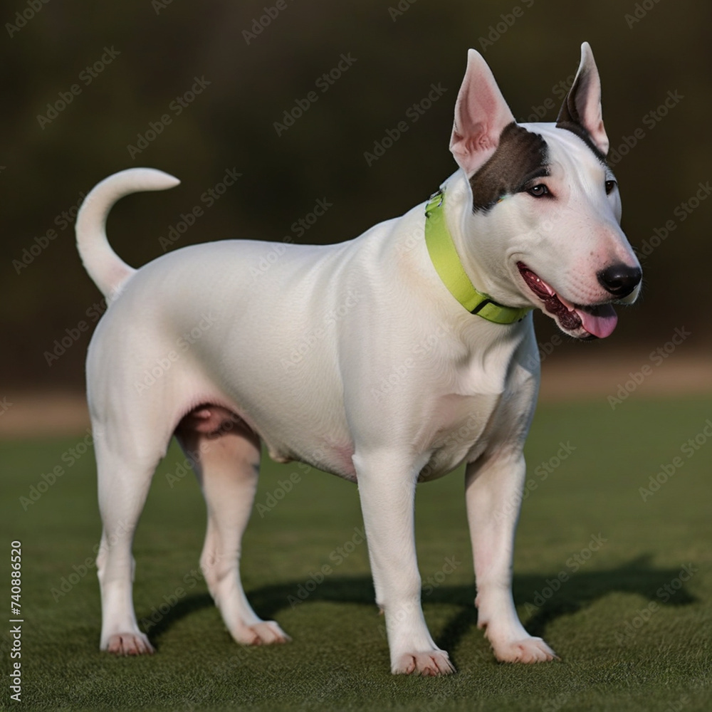 Bull Terrier dog poses with his whole body in nature