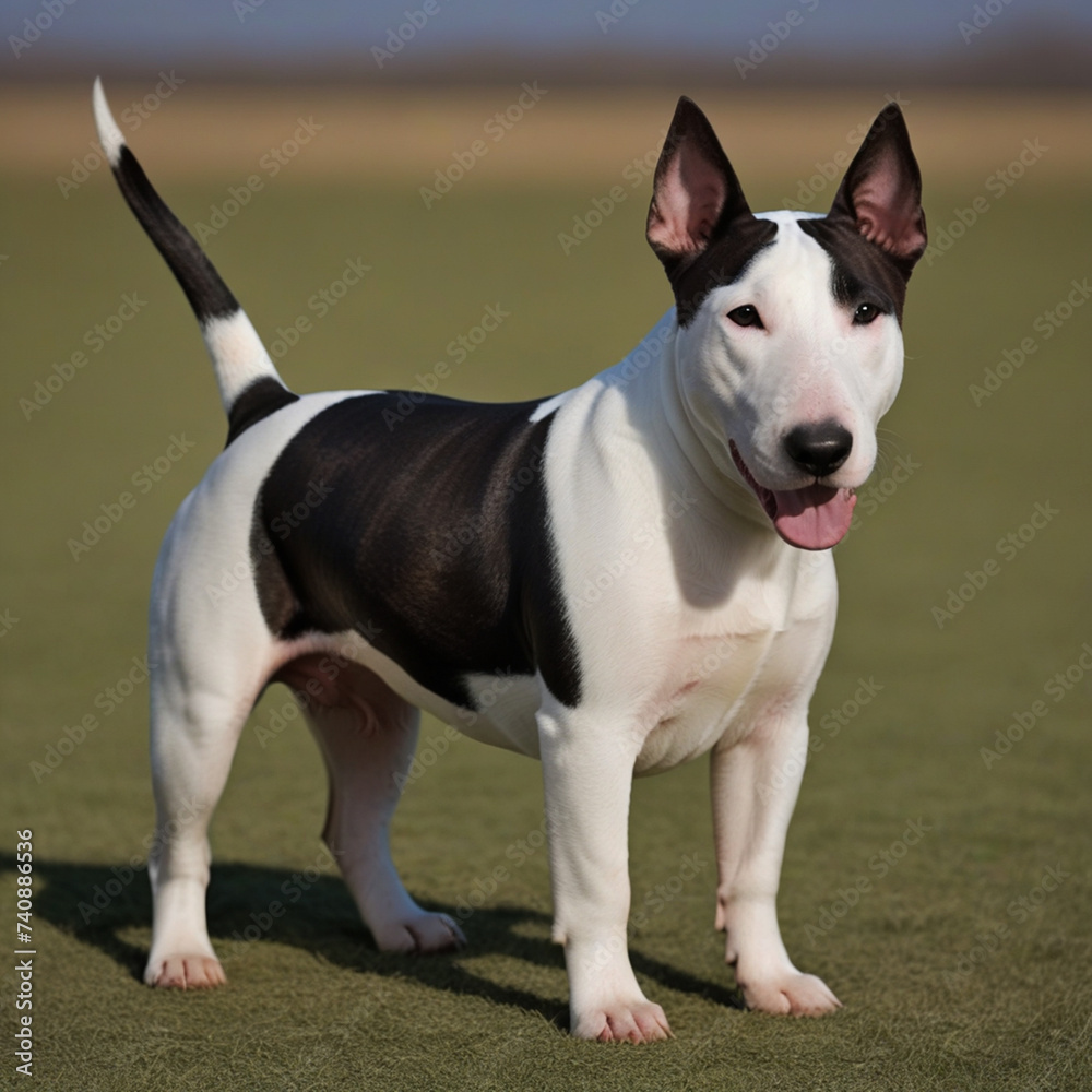 Bull Terrier dog poses with his whole body in nature