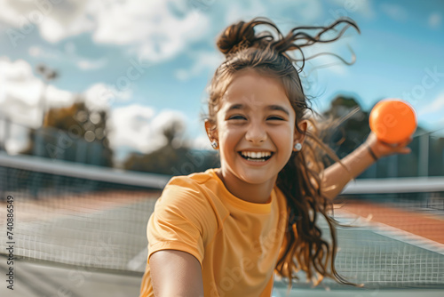 Joyful girl playing tennis or pickleball with orange ball. Smiling child in active tennis play outdoors. Young pickleball player with ball at net in sunlight