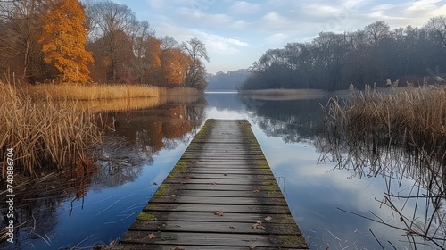 empty wooden jetty in the evening, sundown