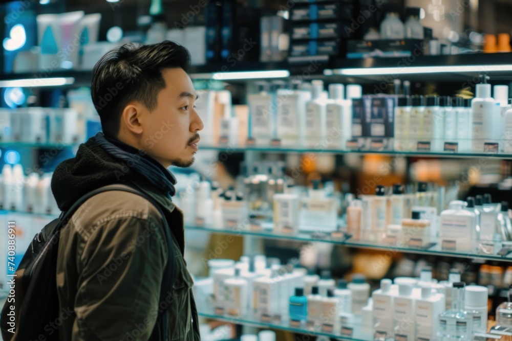 Young asian man browsing skincare products in a store. Man contemplating skincare products in a shopping aisle. Young asian man browsing skincare products in a store. Man contemplating skincare products in a shopping aisle.