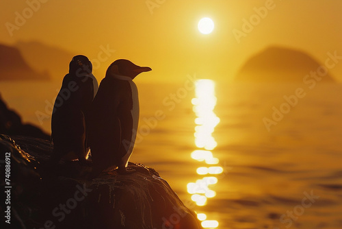 Fiordland penguins bask in golden sunset, silhouetted against horizon.  photo