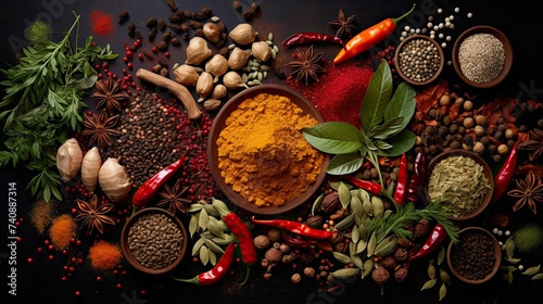 A Colorful Array of Spices and Herbs Adorning the Table