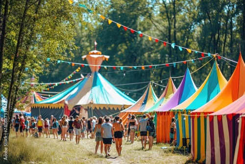 Group of People Standing in Front of Tents at a Campsite, Fun and vibrant open-air summer music festival with multicolored tents and happy people, AI Generated
