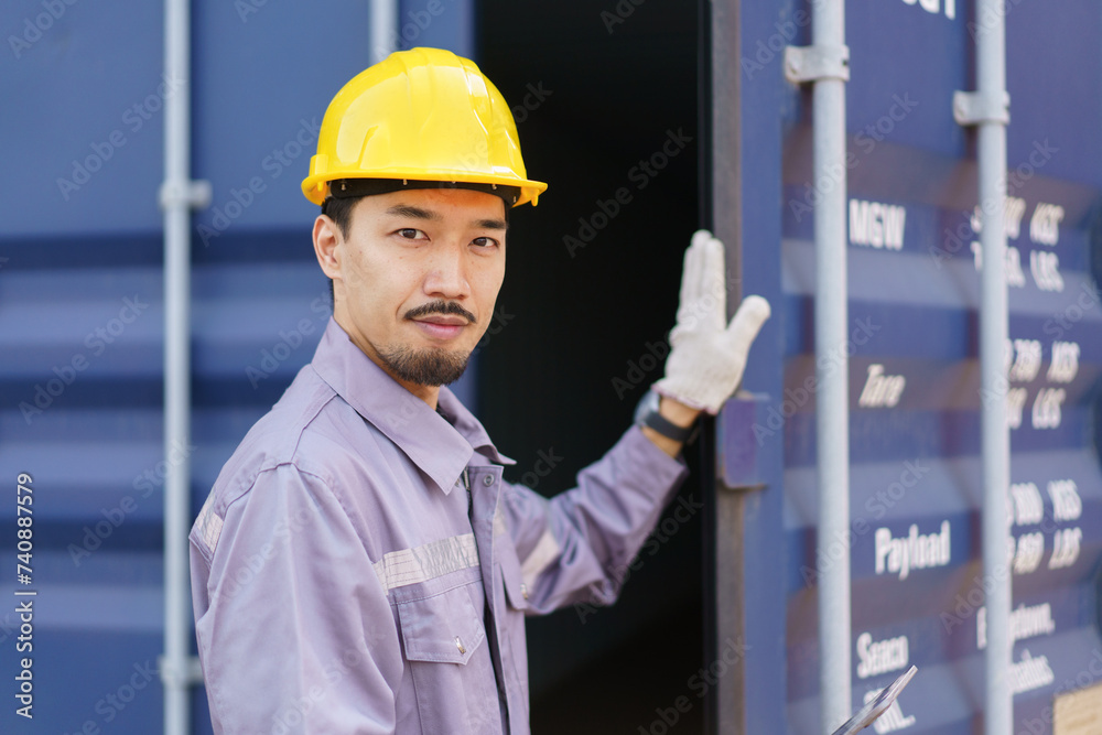 Asian male customs officer is currently conducting inspections of containers within the container yard. Asian male customs officer is currently conducting inspections of containers within the container yard.