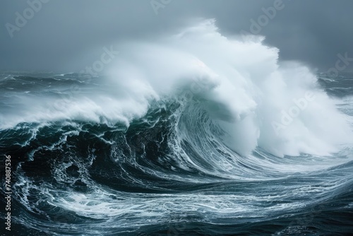 A colossal wave crashes forcefully in the middle of the vast expanse of the ocean  creating a powerful display of natures raw power  Furious waves in the midst of a storm  AI Generated
