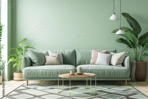 Minimalist living room with a soft pastel green theme, featuring a sleek sofa, geometric patterned rug, and a large potted banana plant. Place for text