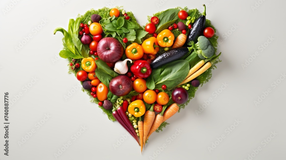 Heart shape form by various vegetables and fruits