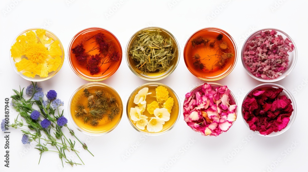 Herbal tea of mint, chamomile, rose hip and other herbs on white background. The view from the top. Copy space Herbal tea of mint, chamomile, rose hip and other herbs on white background. The view from the top. Copy space