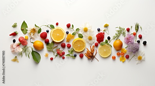 Herbal tea of mint, chamomile, rose hip and other herbs on white background. The view from the top. Copy space photo