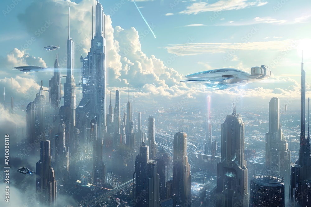 A bustling cityscape set in the future, featuring a flying saucer hovering above the buildings, Future metropolis with towering skyscrapers and flying cars, AI Generated - obrazy, fototapety, plakaty 