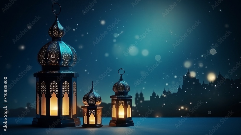 Fototapeta premium Islamic greeting Eid Mubarak cards for Muslim Holidays.Eid-Ul-Adha festival celebration . Ramadan Kareem backgroundand with lanterns
