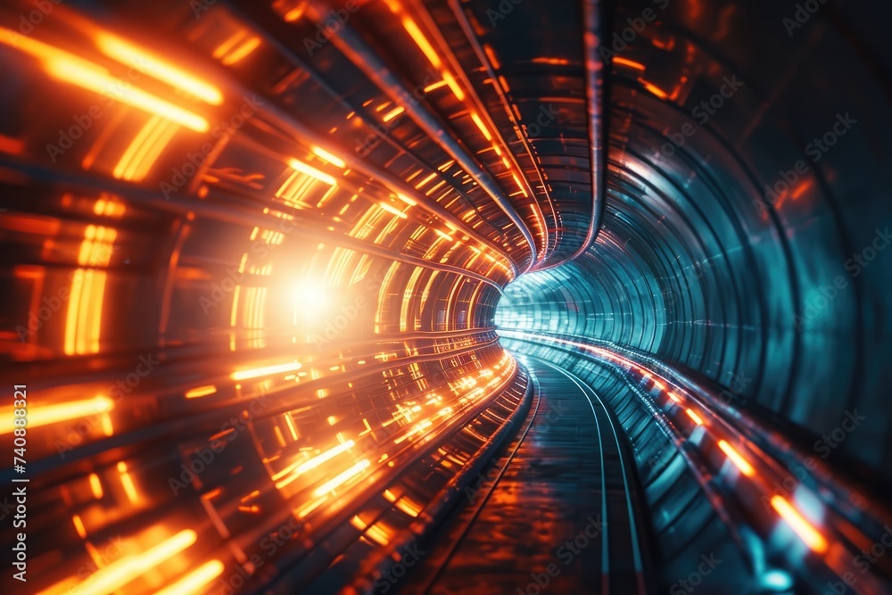 A tunnel bathed in bright lights, creating a captivating and vibrant atmosphere, Futuristic abstract tunnel with bright, pulsating light at the end, AI Generated A tunnel bathed in bright lights, creating a captivating and vibrant atmosphere, Futuristic abstract tunnel with bright, pulsating light at the end, AI Generated