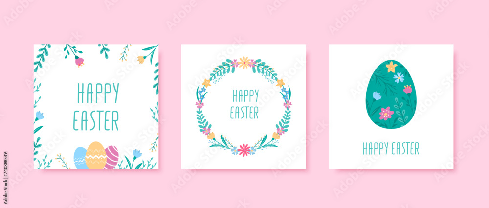Happy Easter greeting cards set with hand drawn floral elements
