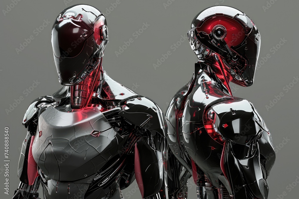 Naklejka premium A pair of robots, one red and one blue, standing stationary next to each other in a well-lit room, Futuristic anatomy of cyborg with internal view, AI Generated