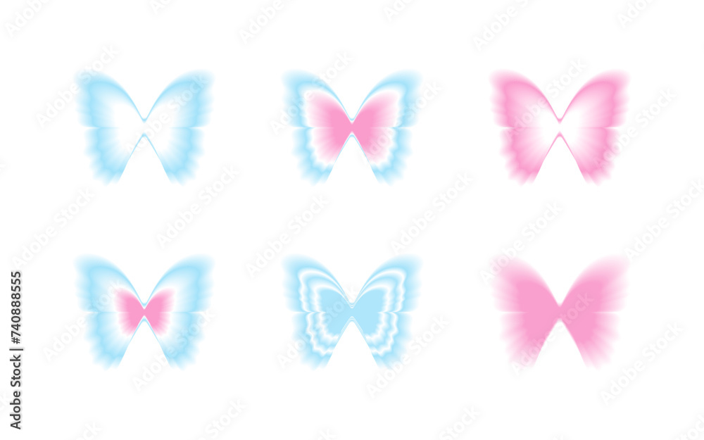 Y2K gradient blurred butterfly shapes set. Retro 2000s design elements with an aura effect.