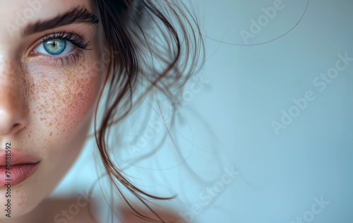 Close-up of a young woman with freckles and blue eyes