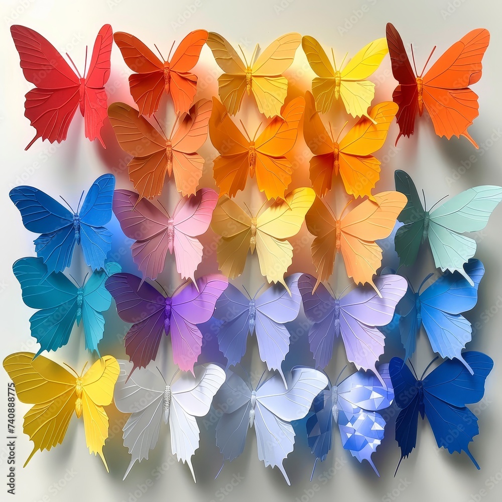 A captivating display of paper butterflies arranged in a heart shape with a beautiful gradient from warm to cool tones.