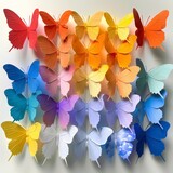 A captivating display of paper butterflies arranged in a heart shape with a beautiful gradient from warm to cool tones.