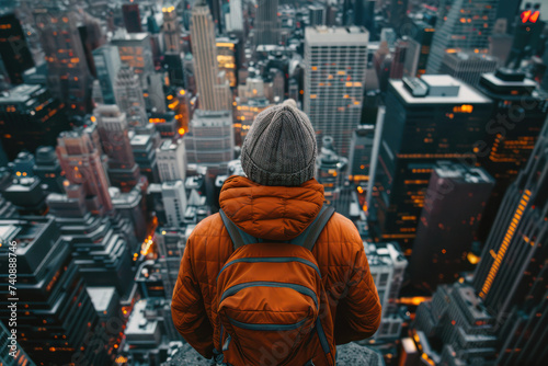 Individual gazing over urban cityscape from a high vantage point