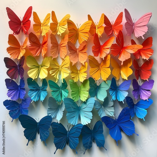 A stunning wall art installation featuring a rainbow gradient of paper butterflies in a dynamic spectrum of colors.
