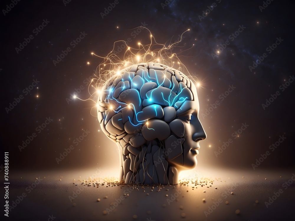 Fototapeta premium Head with bulb, The human brain Illuminates the mind, the brain glowing with scattered lightbulbs symbolizing brilliance nurtured by education 3d