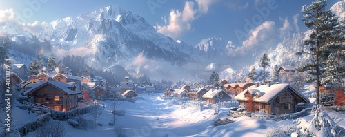 Snow covered village with high tech security against an unseen threat serene yet fortified photo