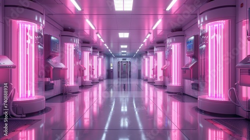 Human cloning lab in a dystopian world ethical paradox neon ambiance photo