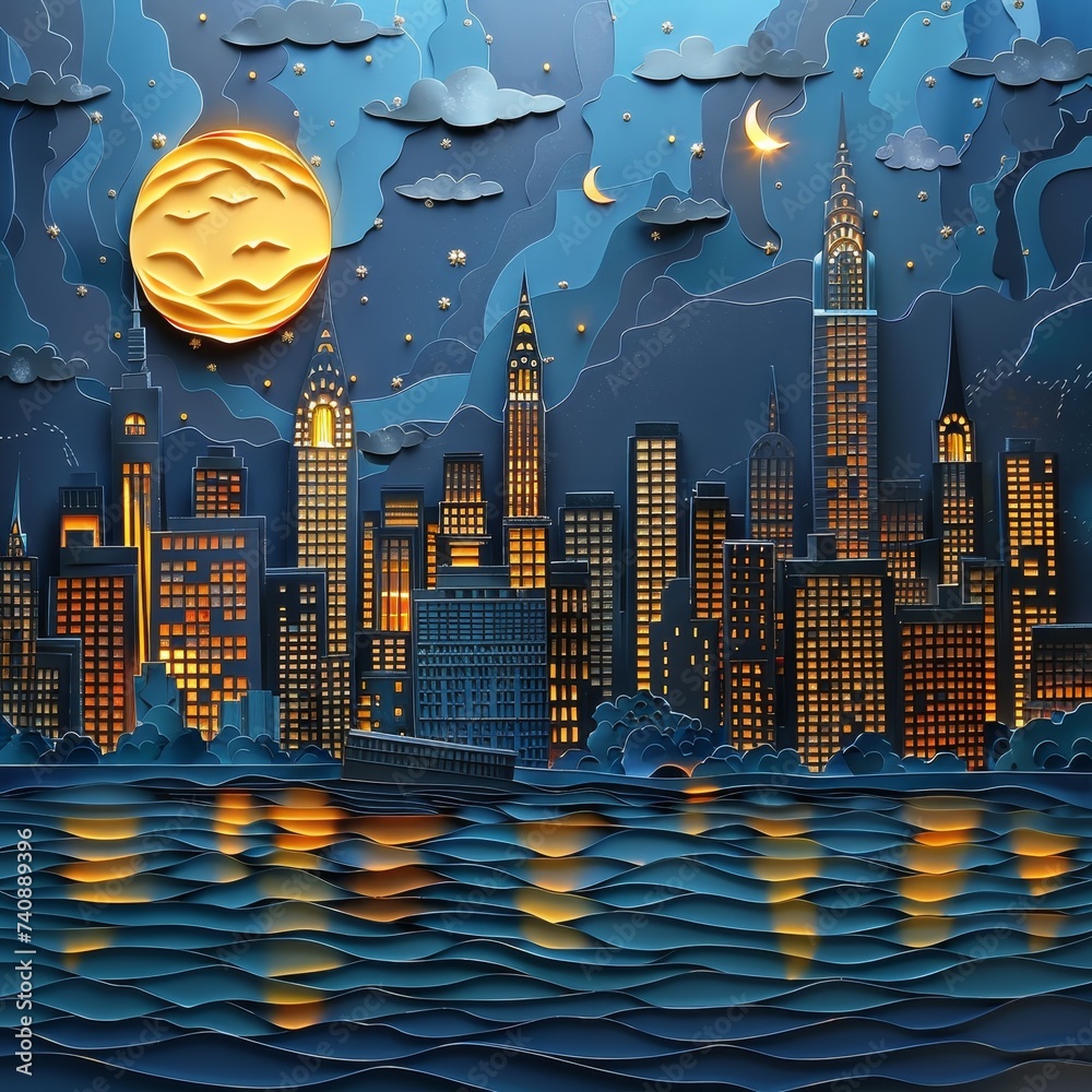 An intricate paper art depiction of a city skyline at night, with a ...