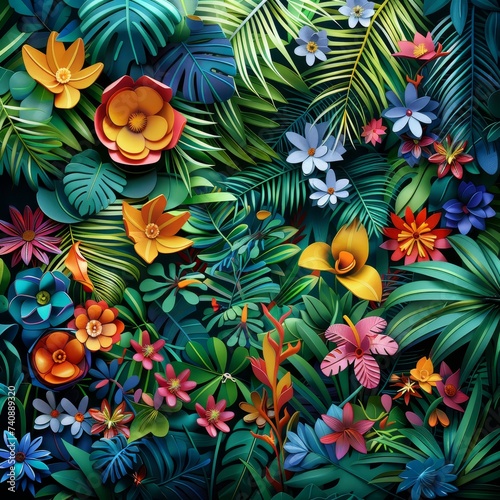 Intricate paper art forming a dense tropical jungle with a variety of colorful flowers and lush green foliage. © Sodapeaw