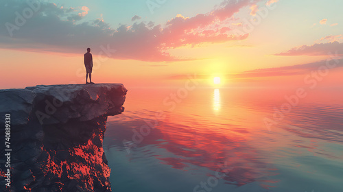 Solitude at Sea. A Lone Figure Contemplates the Sunset 