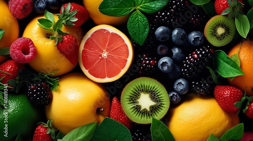 Panoramic food background with assortment of fresh organic fruits and vegetables in rainbow colors photo