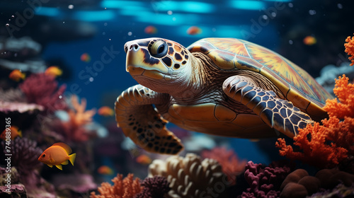 Sea Turtle Swimming Underwater in the Sea