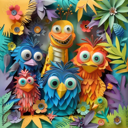 Vivid and playful paper crafted creatures with expressive faces set against a lush backdrop of handcrafted paper flowers and foliage.