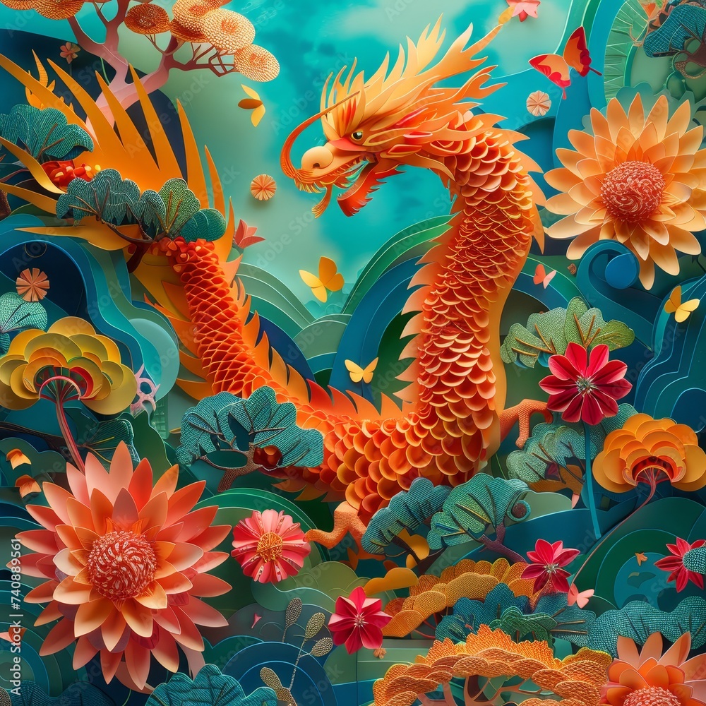 An ornate Chinese dragon weaves through a lush paper art floral landscape, symbolizing power and good fortune.