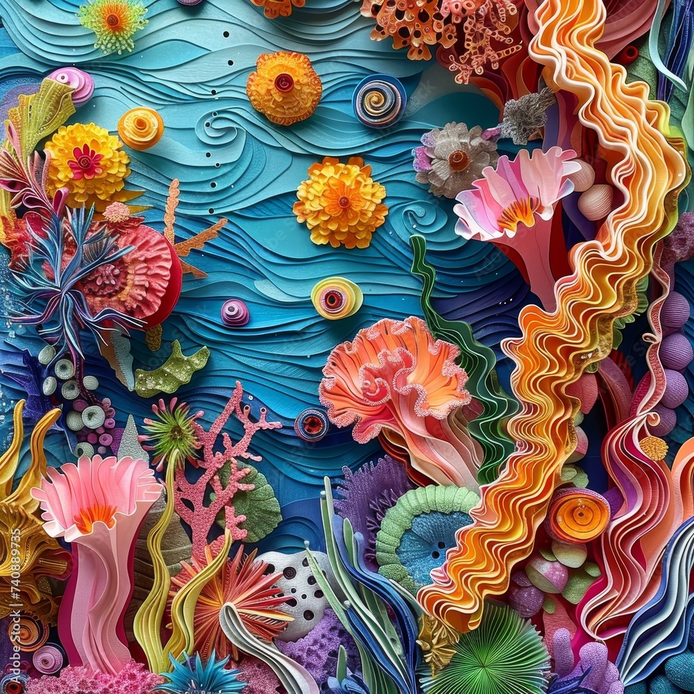 A stunning visual feast that explores the diversity of ocean life and coral formations through vibrant and textured paper art.