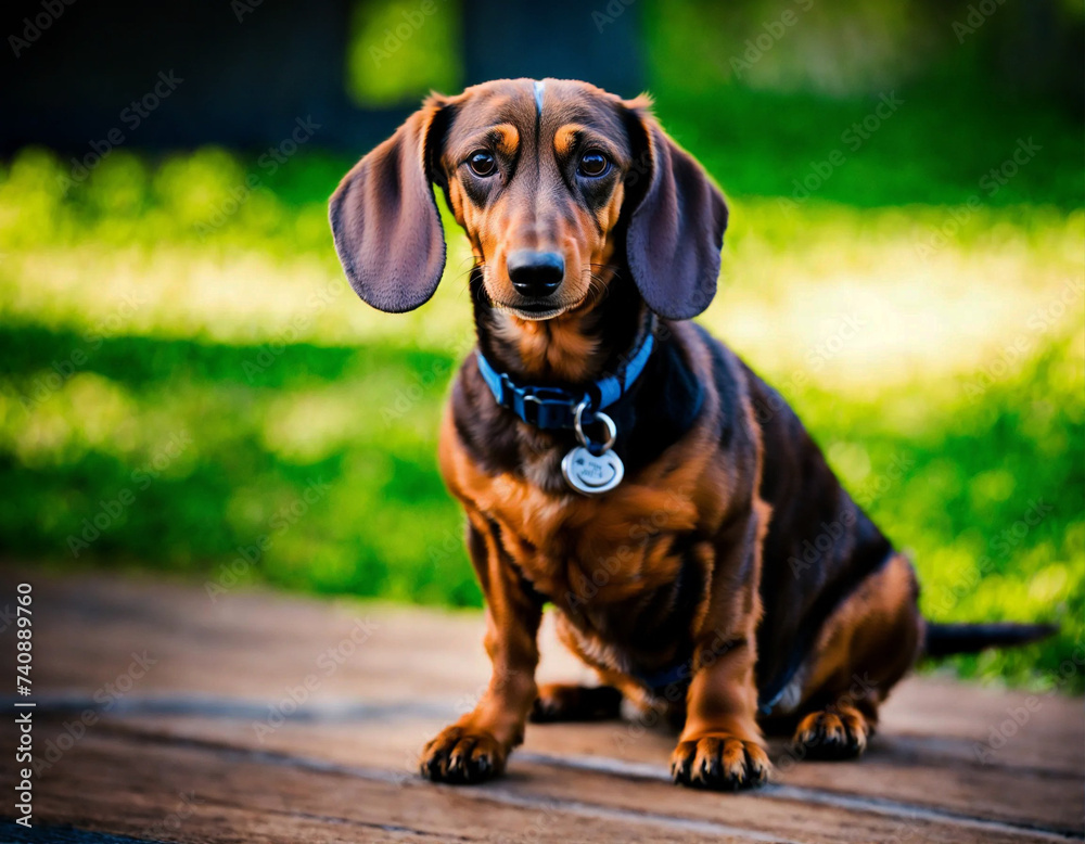 The Dachshund Sausage dog poses with his whole body in nature The Dachshund Sausage dog poses with his whole body in nature