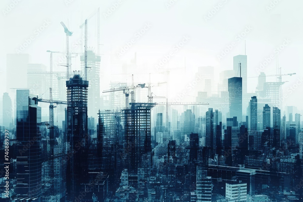 This photo captures the bustling city skyline, featuring a multitude of towering buildings, Futuristic city skyline construction visualized through double exposure, AI Generated