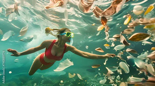 Young woman swimming and diving in the sea surrounded with fishes and plastics  photo