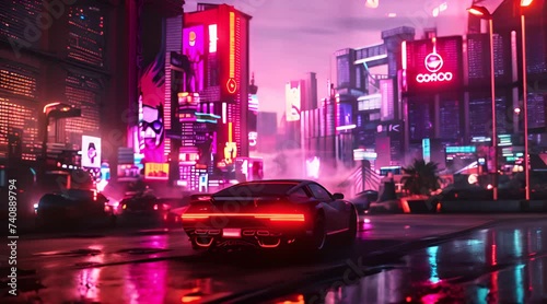 Ultra-modern sport car parking in the center of the square in the cyberpunk neon-lighted city  