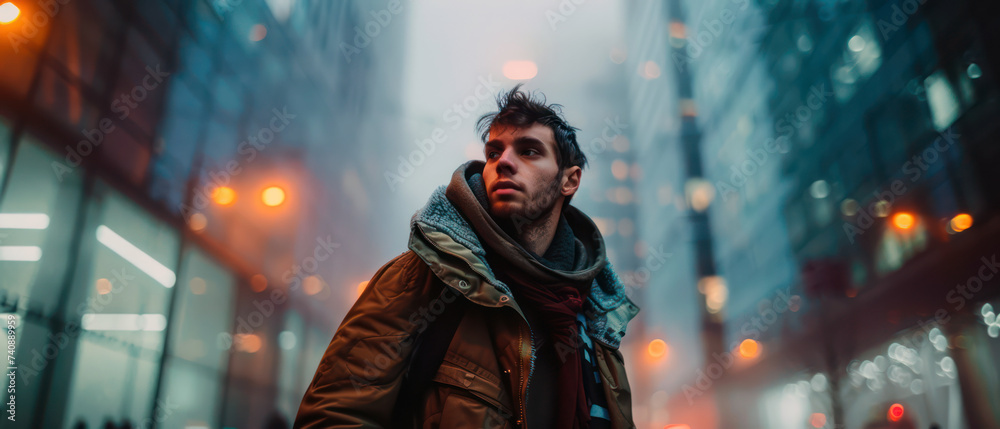 Young person in city lights on foggy night